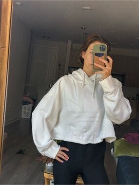 Adidas Cropped White Hoodie Sweatshirt - Women's Pullover